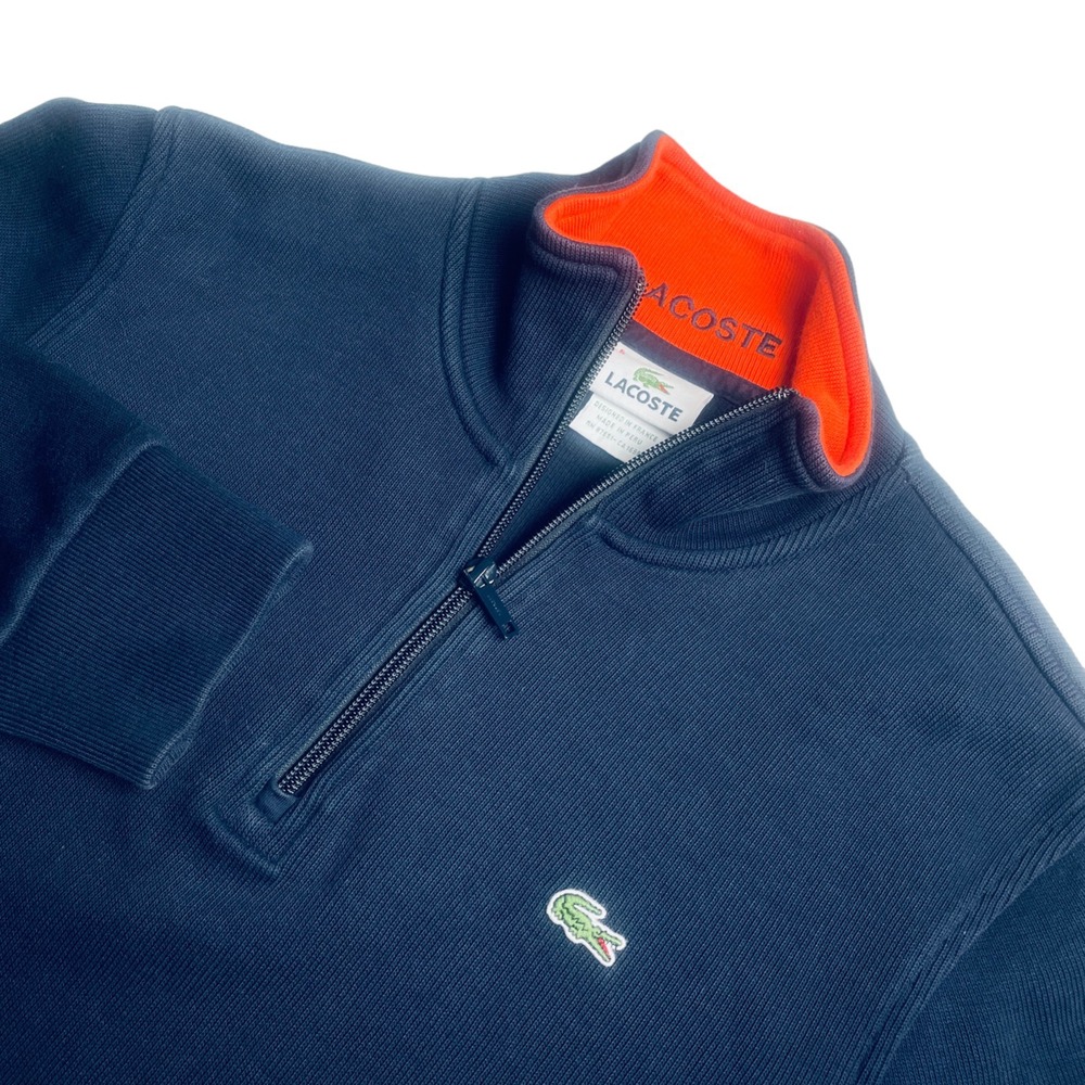 Lacoste 6‎ Navy Orange 1/4 Zip Long Sleeve SweatShirt Front Pouch Pockets